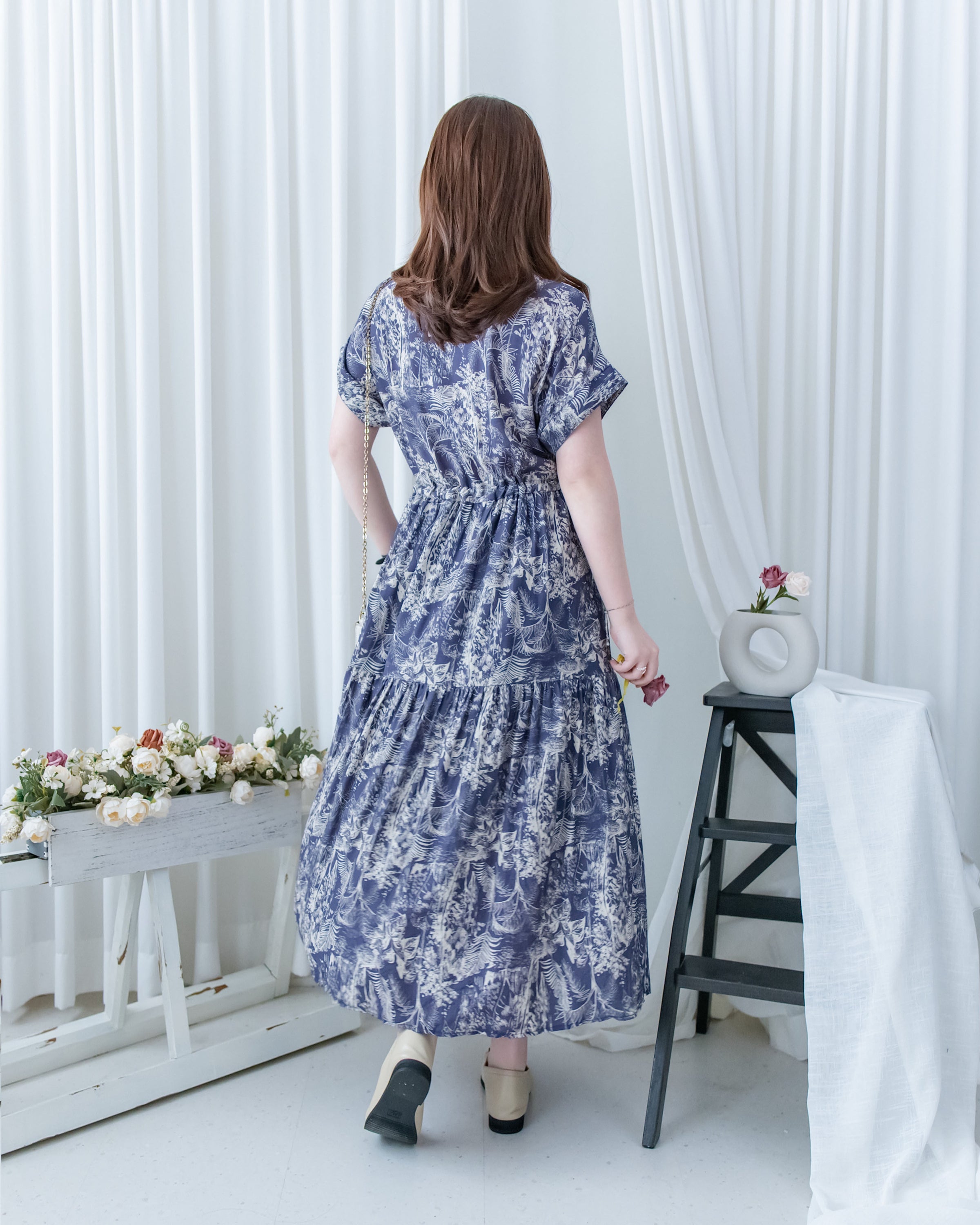 Porcelain Shirt Dress 無領陶瓷植物花印花恤衫連衣裙/DS1166 (Pre-order white)