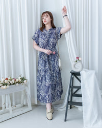 Porcelain Shirt Dress 無領陶瓷植物花印花恤衫連衣裙/DS1166 (Pre-order white)