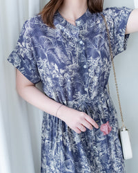 Porcelain Shirt Dress 無領陶瓷植物花印花恤衫連衣裙/DS1166 (Pre-order white)