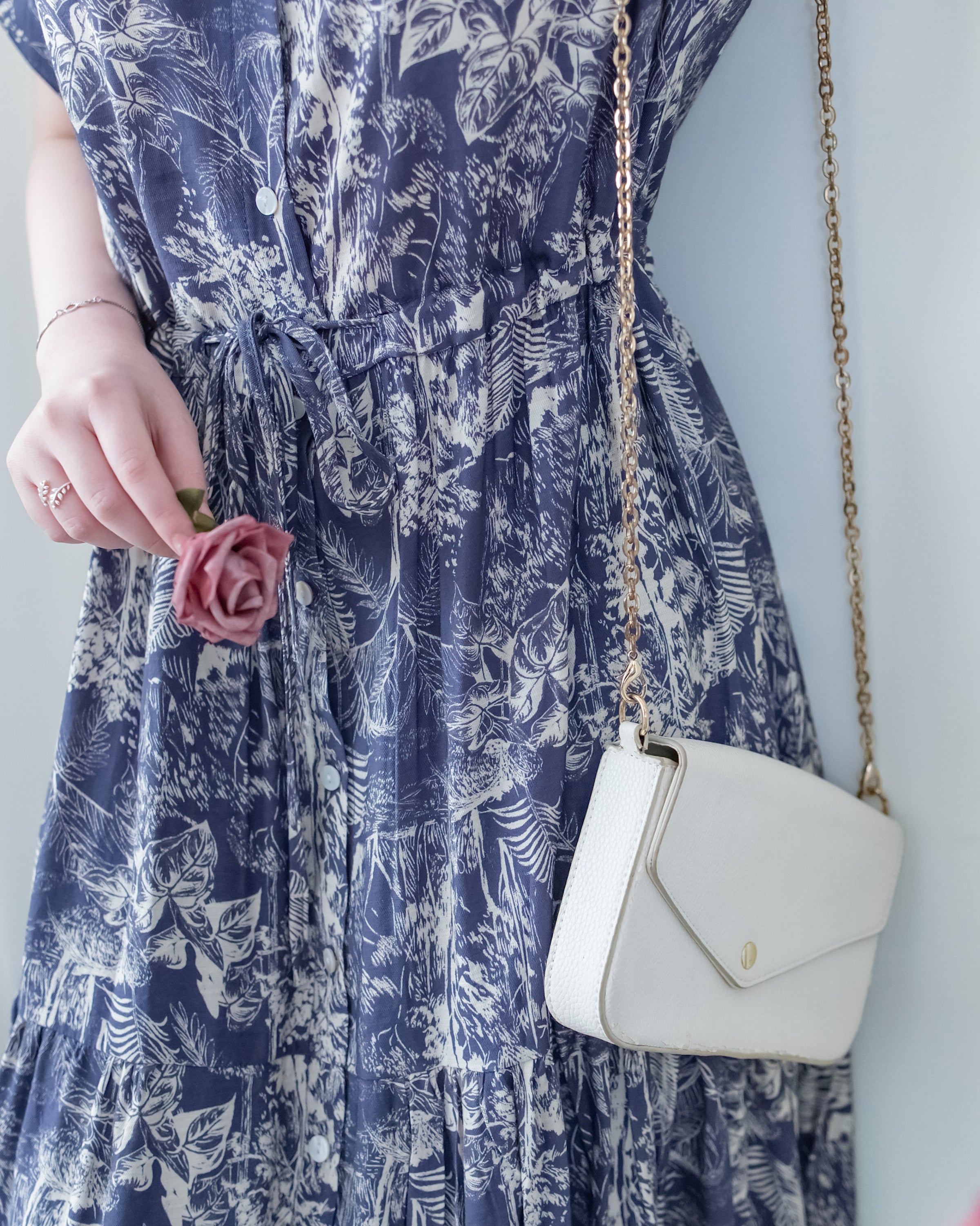 Porcelain Shirt Dress 無領陶瓷植物花印花恤衫連衣裙/DS1166 (Pre-order white)
