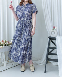 Porcelain Shirt Dress 無領陶瓷植物花印花恤衫連衣裙/DS1166 (Pre-order white)