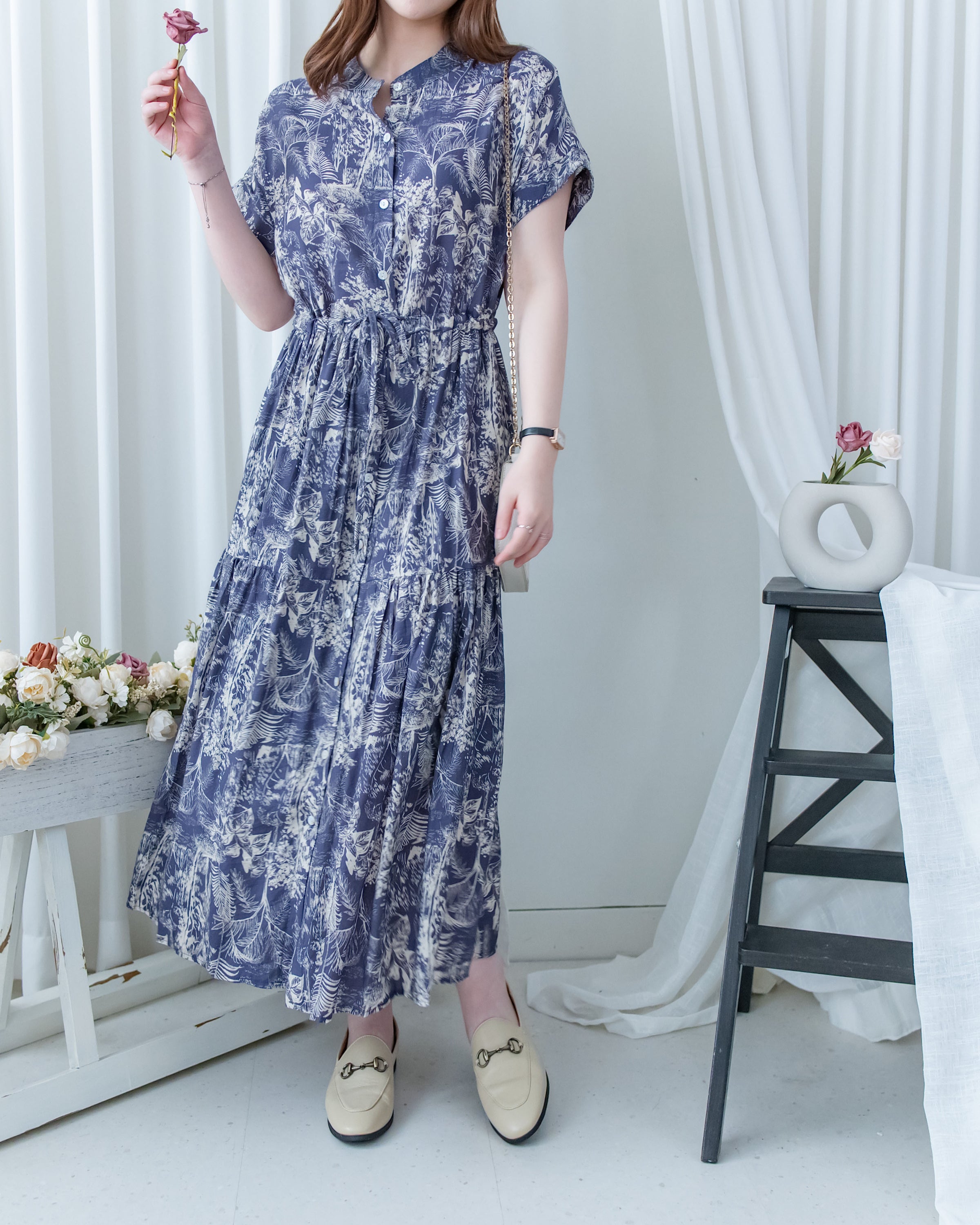 Porcelain Shirt Dress 無領陶瓷植物花印花恤衫連衣裙/DS1166 (Pre-order white)