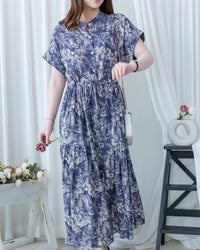 Porcelain Shirt Dress 無領陶瓷植物花印花恤衫連衣裙/DS1166 (Pre-order white)