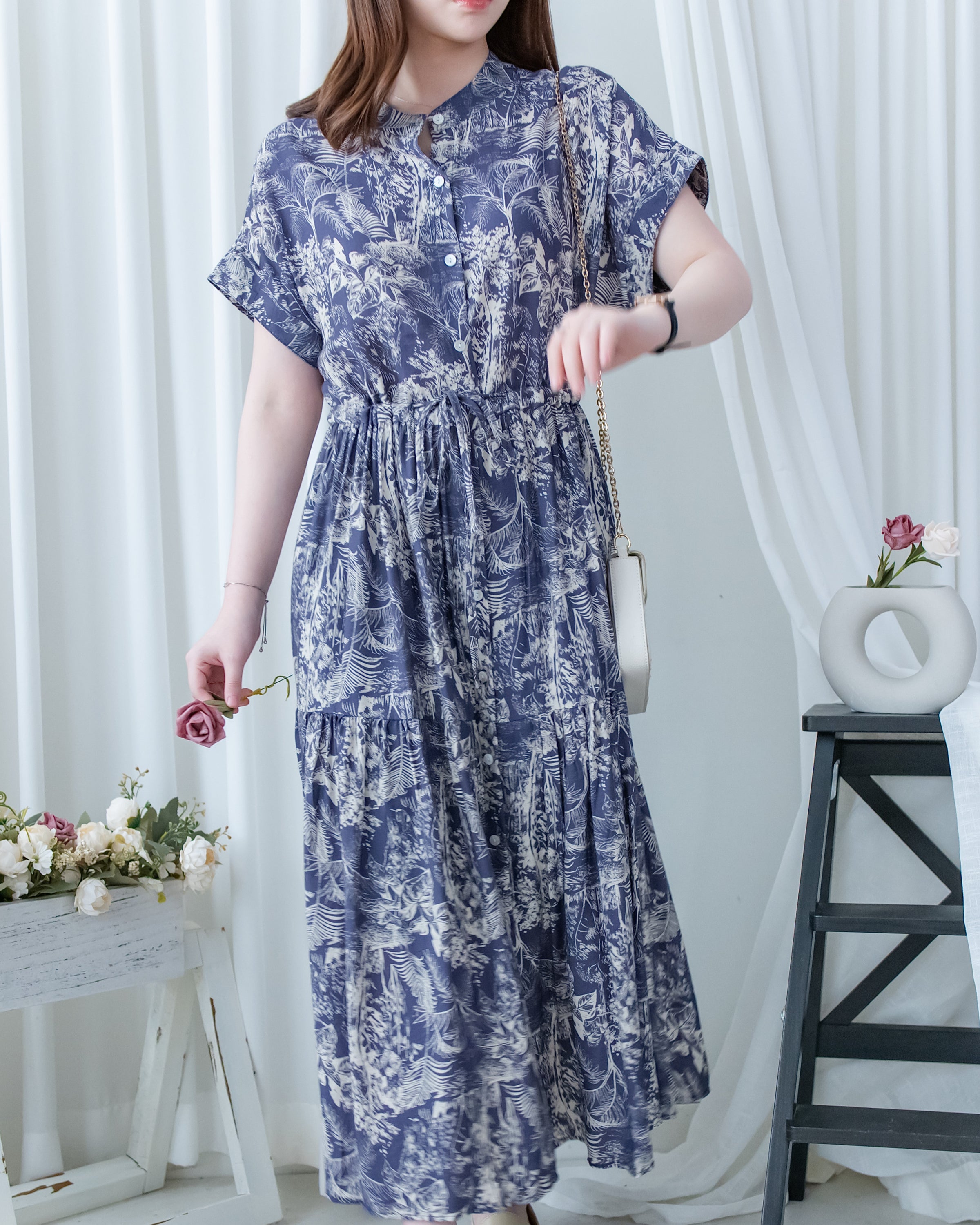 Porcelain Shirt Dress 無領陶瓷植物花印花恤衫連衣裙/DS1166 (Pre-order white)