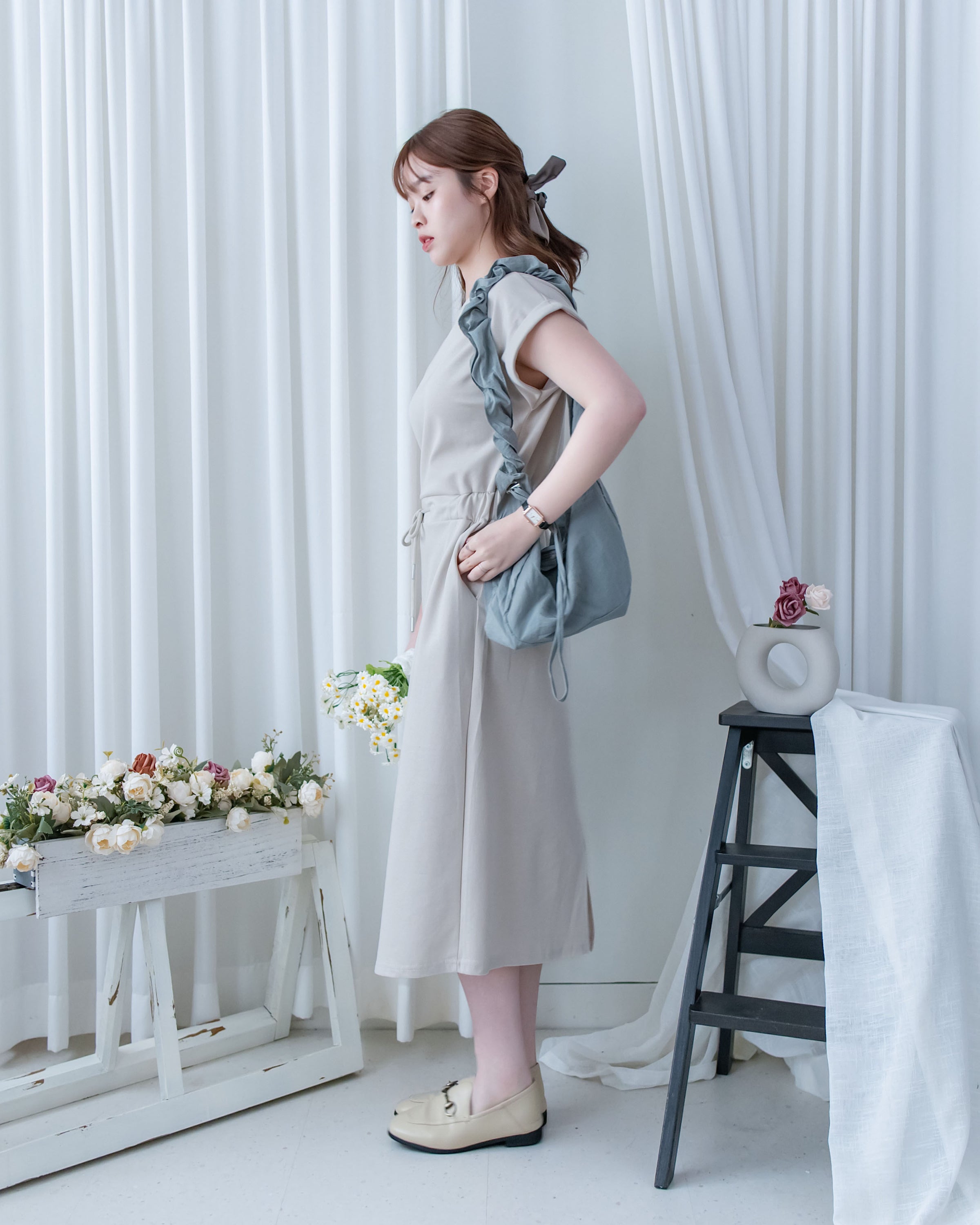 Sophie Dress 無肩線翻褶袖口彈性抽繩連身裙/DS1157
