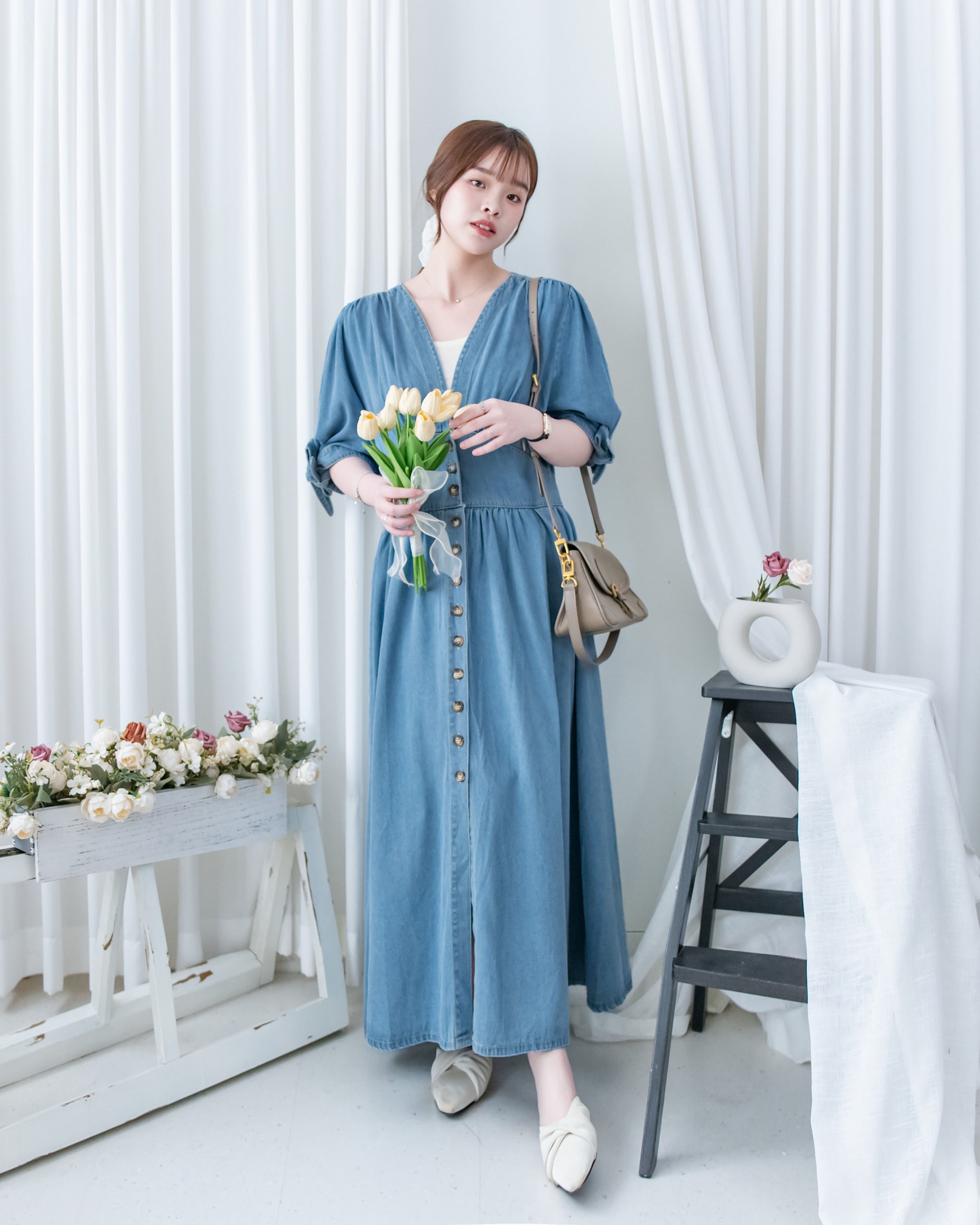Denim Ribbon Dress 牛仔 V 領袖口綁帶假修腰連身裙/DS1156