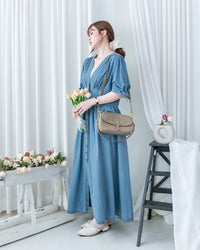 Denim Ribbon Dress 牛仔 V 領袖口綁帶假修腰連身裙/DS1156