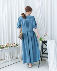 Denim Ribbon Dress 牛仔 V 領袖口綁帶假修腰連身裙/DS1156