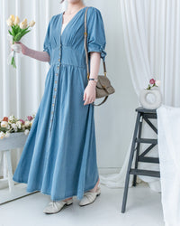 Denim Ribbon Dress 牛仔 V 領袖口綁帶假修腰連身裙/DS1156