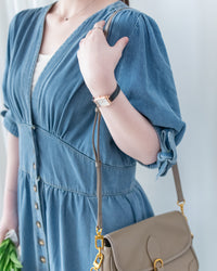 Denim Ribbon Dress 牛仔 V 領袖口綁帶假修腰連身裙/DS1156