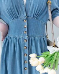 Denim Ribbon Dress 牛仔 V 領袖口綁帶假修腰連身裙/DS1156