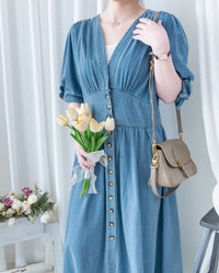 Denim Ribbon Dress 牛仔 V 領袖口綁帶假修腰連身裙/DS1156