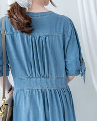 Denim Ribbon Dress 牛仔 V 領袖口綁帶假修腰連身裙/DS1156