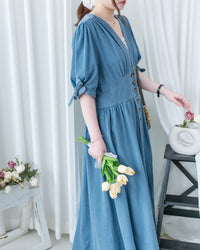 Denim Ribbon Dress 牛仔 V 領袖口綁帶假修腰連身裙/DS1156
