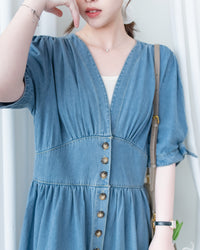 Denim Ribbon Dress 牛仔 V 領袖口綁帶假修腰連身裙/DS1156