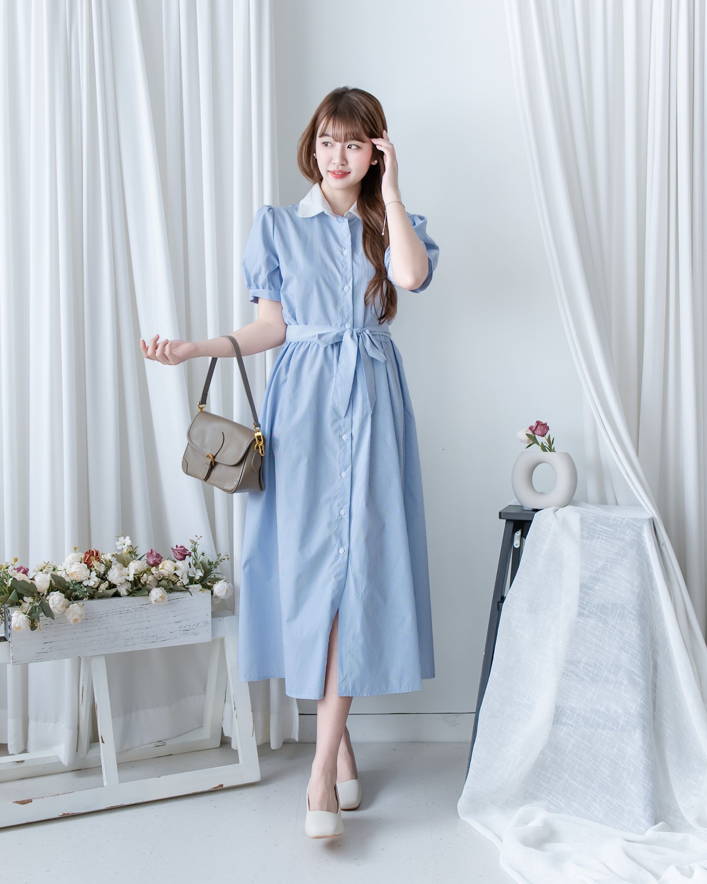 Stripe Collar Dress 拼接圓角翻領綁帶條紋襯衫連身裙/DS1163