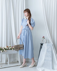 Stripe Collar Dress 拼接圓角翻領綁帶條紋襯衫連身裙/DS1163
