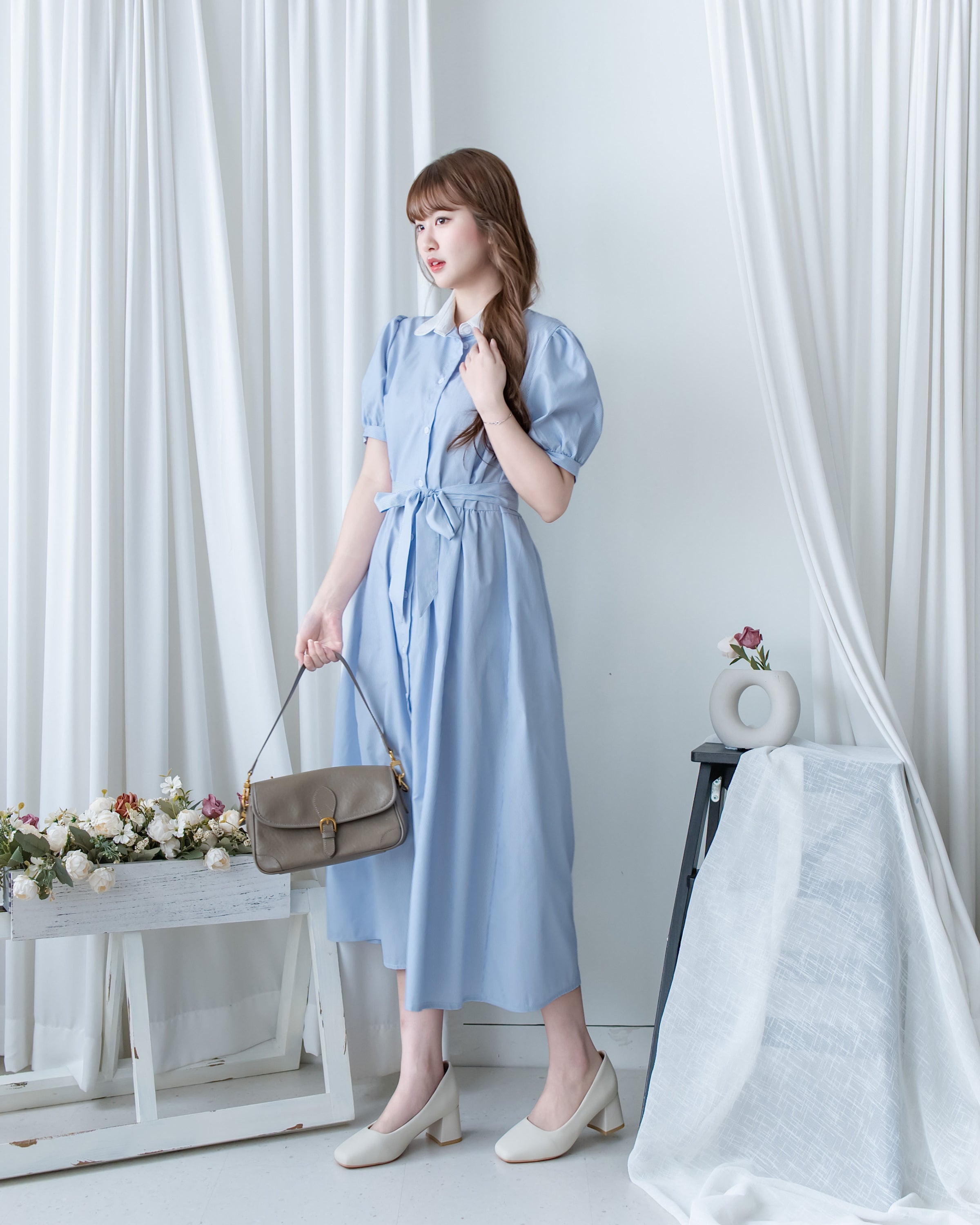 Stripe Collar Dress 拼接圓角翻領綁帶條紋襯衫連身裙/DS1163