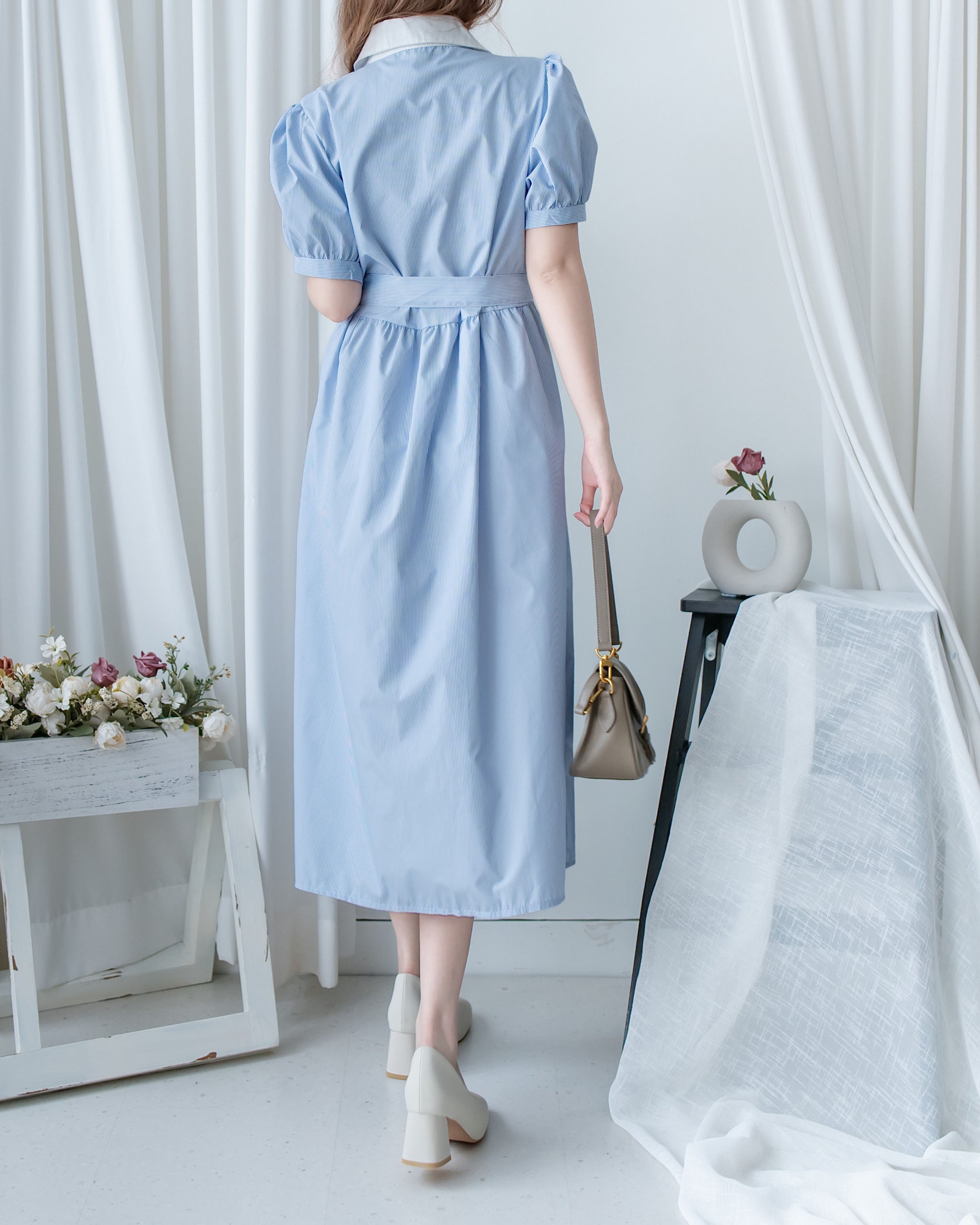 Stripe Collar Dress 拼接圓角翻領綁帶條紋襯衫連身裙/DS1163