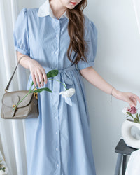 Stripe Collar Dress 拼接圓角翻領綁帶條紋襯衫連身裙/DS1163
