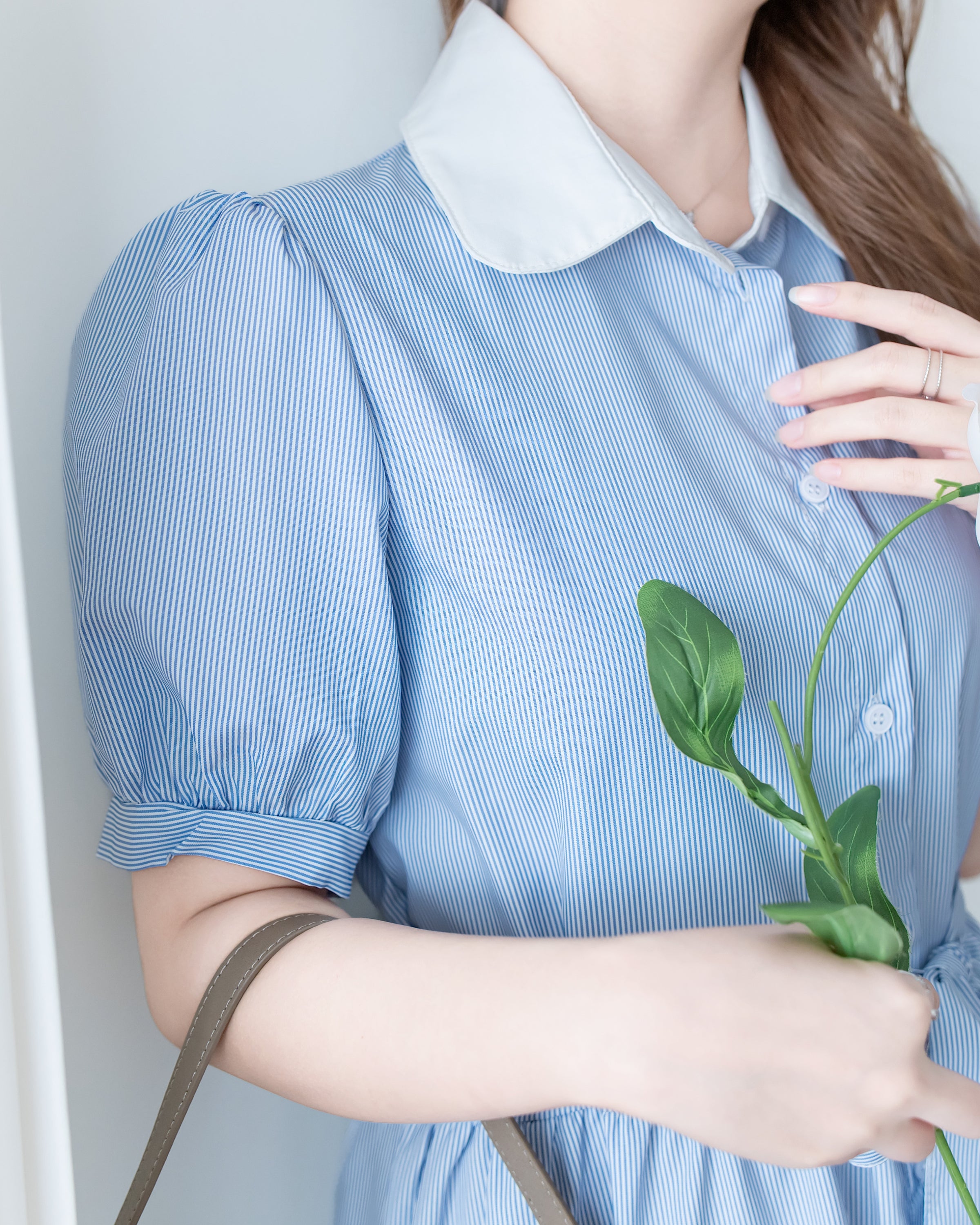 Stripe Collar Dress 拼接圓角翻領綁帶條紋襯衫連身裙/DS1163