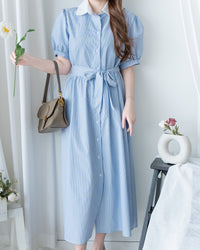Stripe Collar Dress 拼接圓角翻領綁帶條紋襯衫連身裙/DS1163