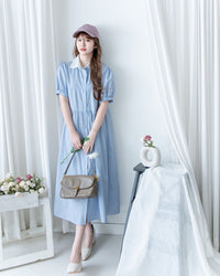 Stripe Collar Dress 拼接圓角翻領綁帶條紋襯衫連身裙/DS1163