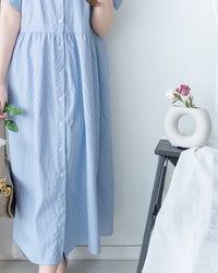 Stripe Collar Dress 拼接圓角翻領綁帶條紋襯衫連身裙/DS1163