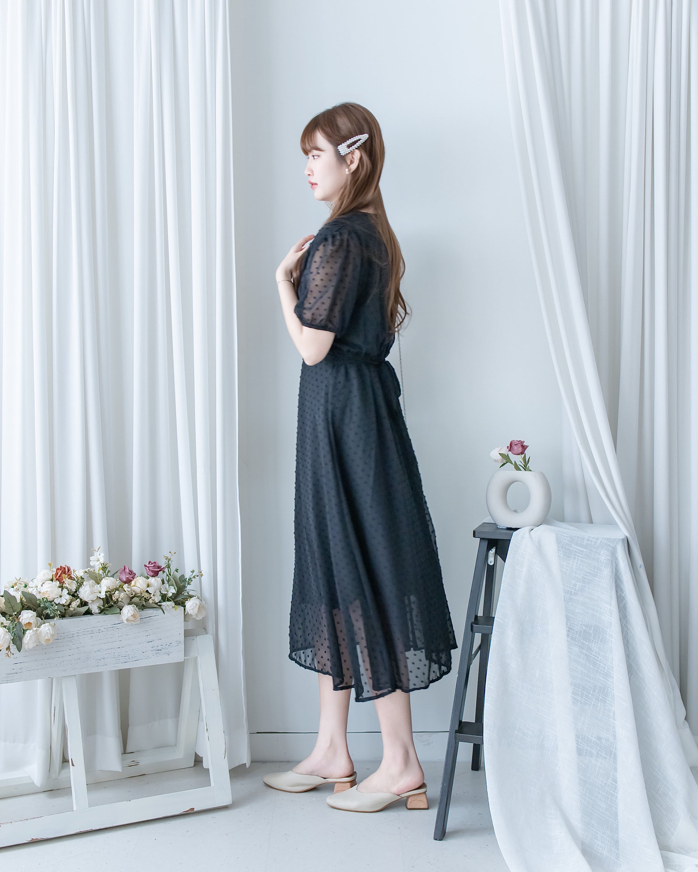 French Dot Wrap Dress 法式點點雪紡繫帶 V 領連身裙/DS1165