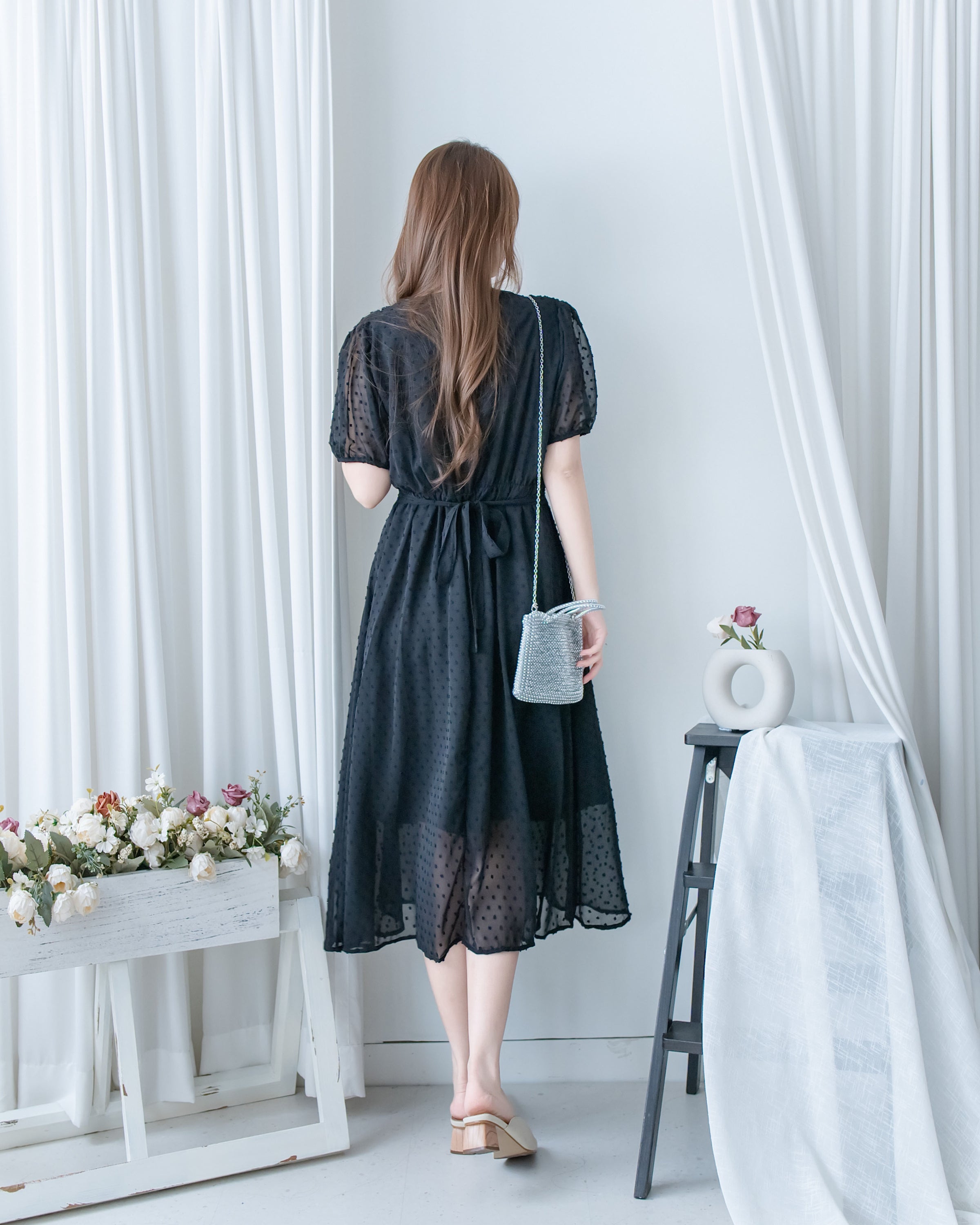 French Dot Wrap Dress 法式點點雪紡繫帶 V 領連身裙/DS1165
