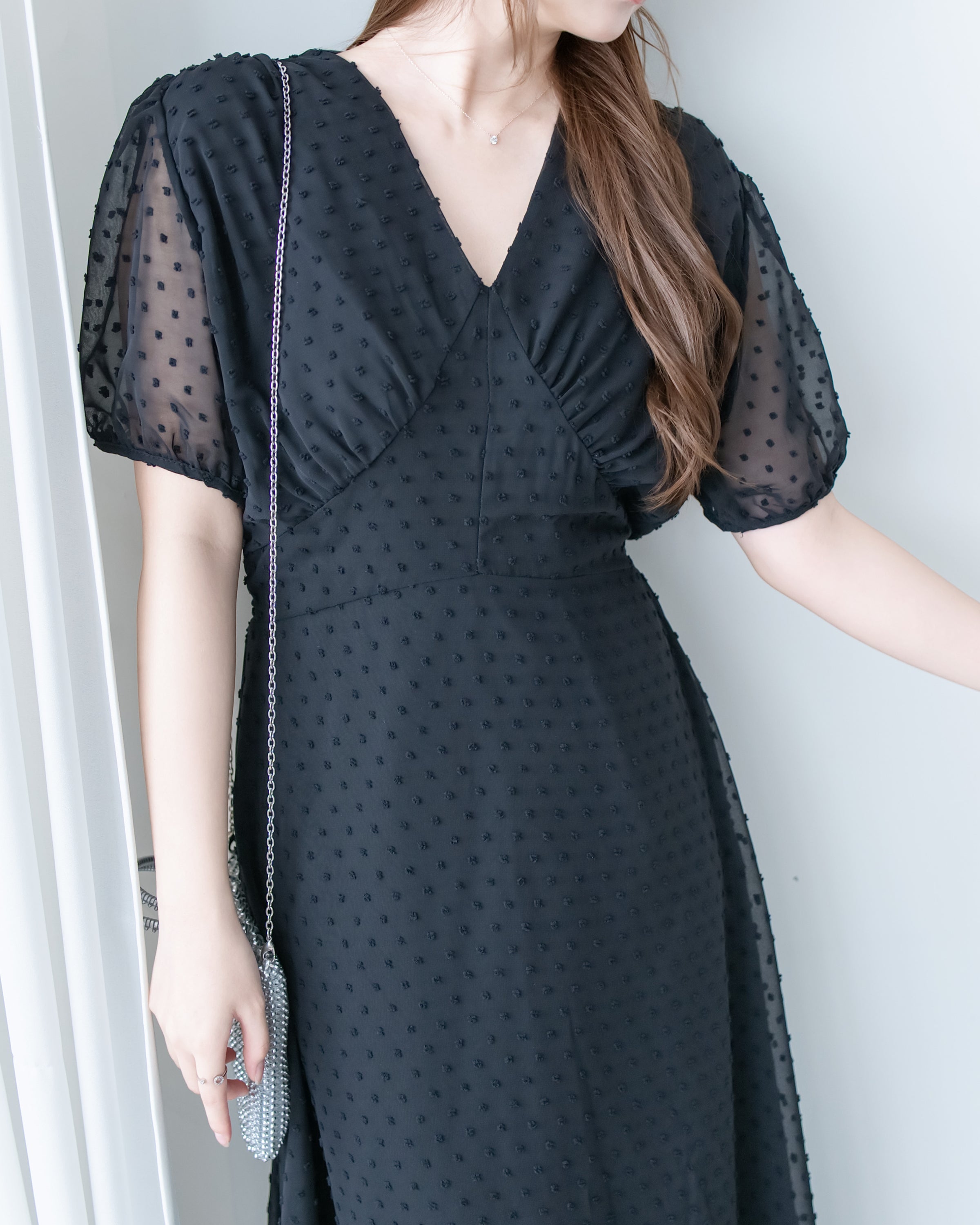 French Dot Wrap Dress 法式點點雪紡繫帶 V 領連身裙/DS1165