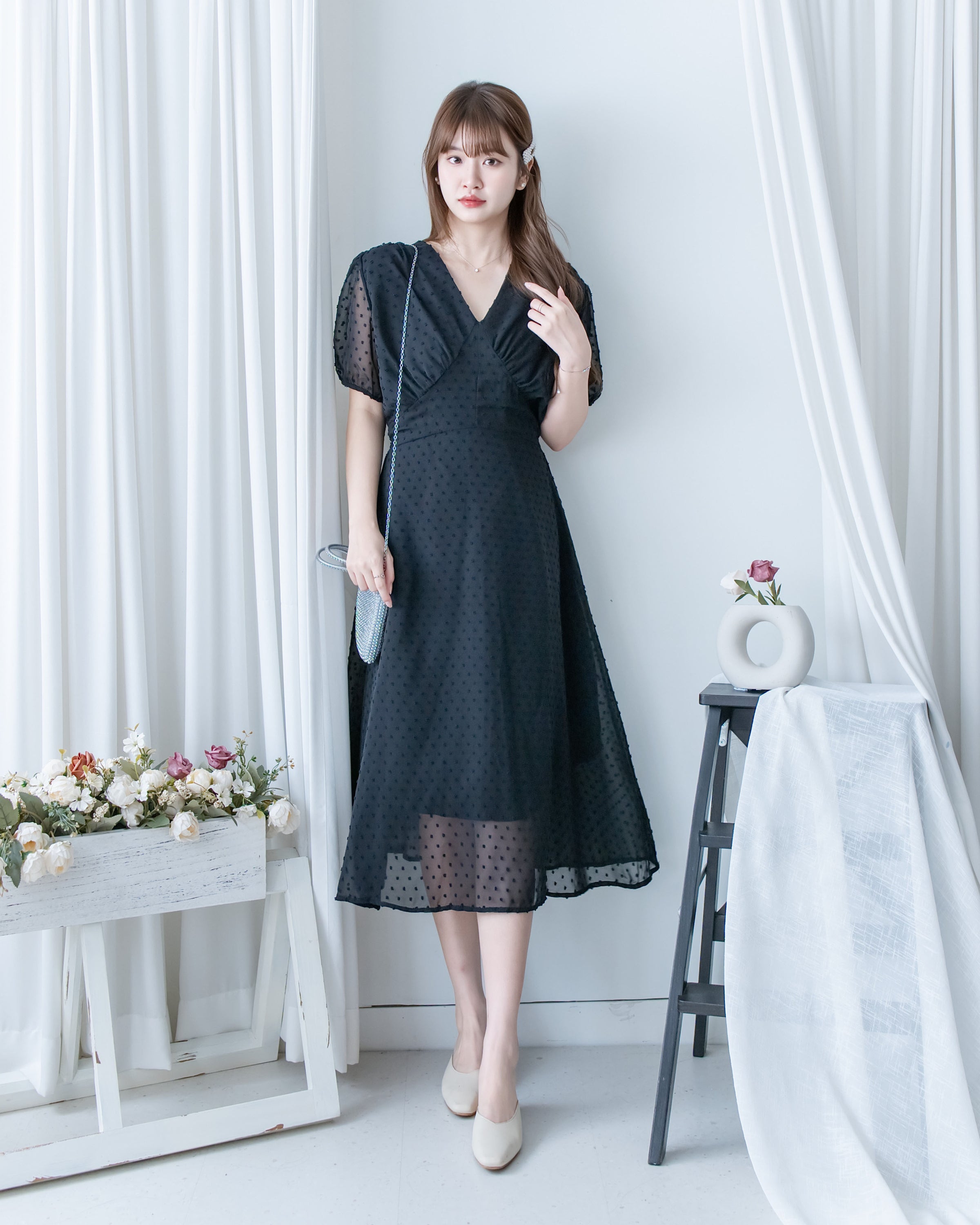 French Dot Wrap Dress 法式點點雪紡繫帶 V 領連身裙/DS1165
