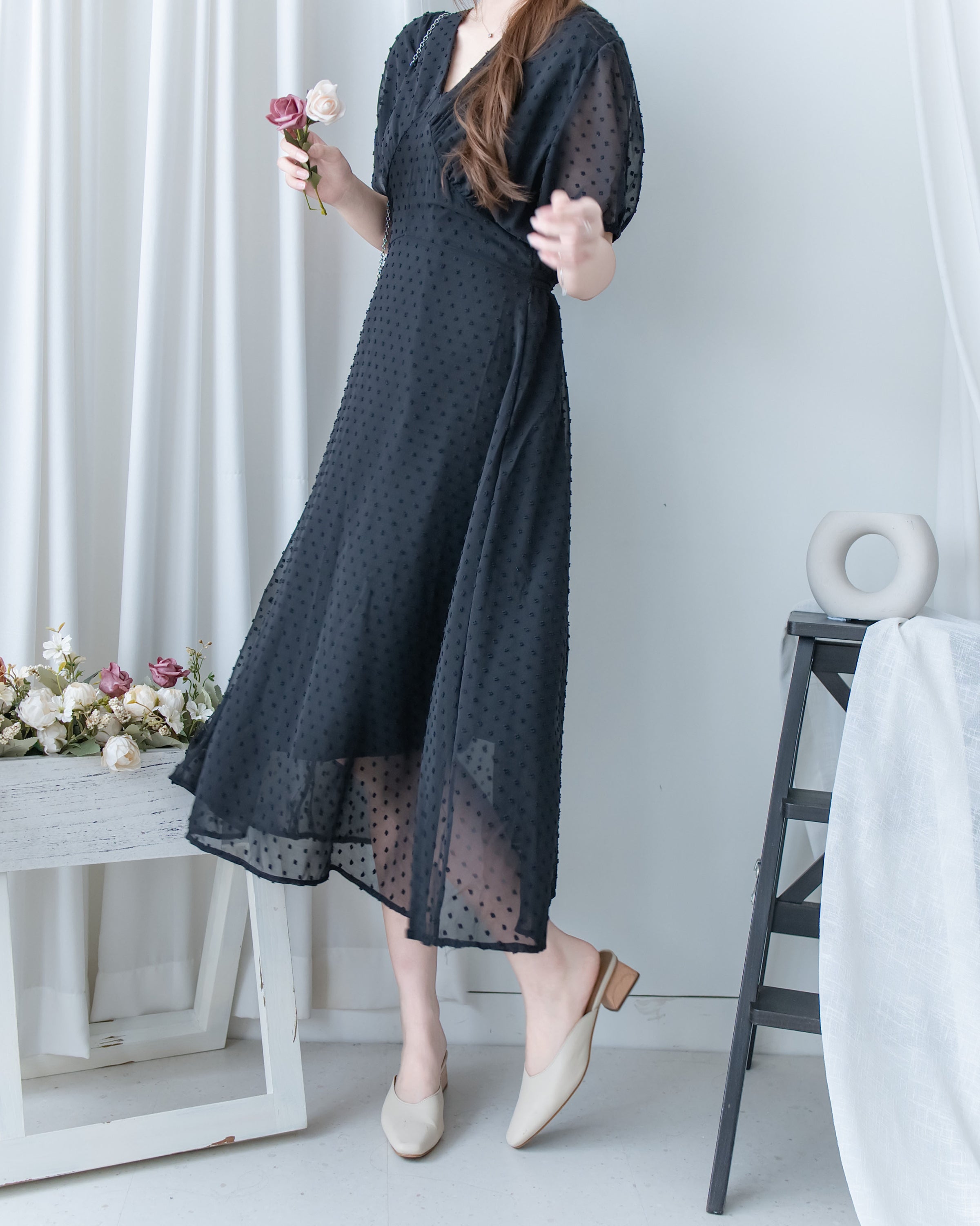 French Dot Wrap Dress 法式點點雪紡繫帶 V 領連身裙/DS1165