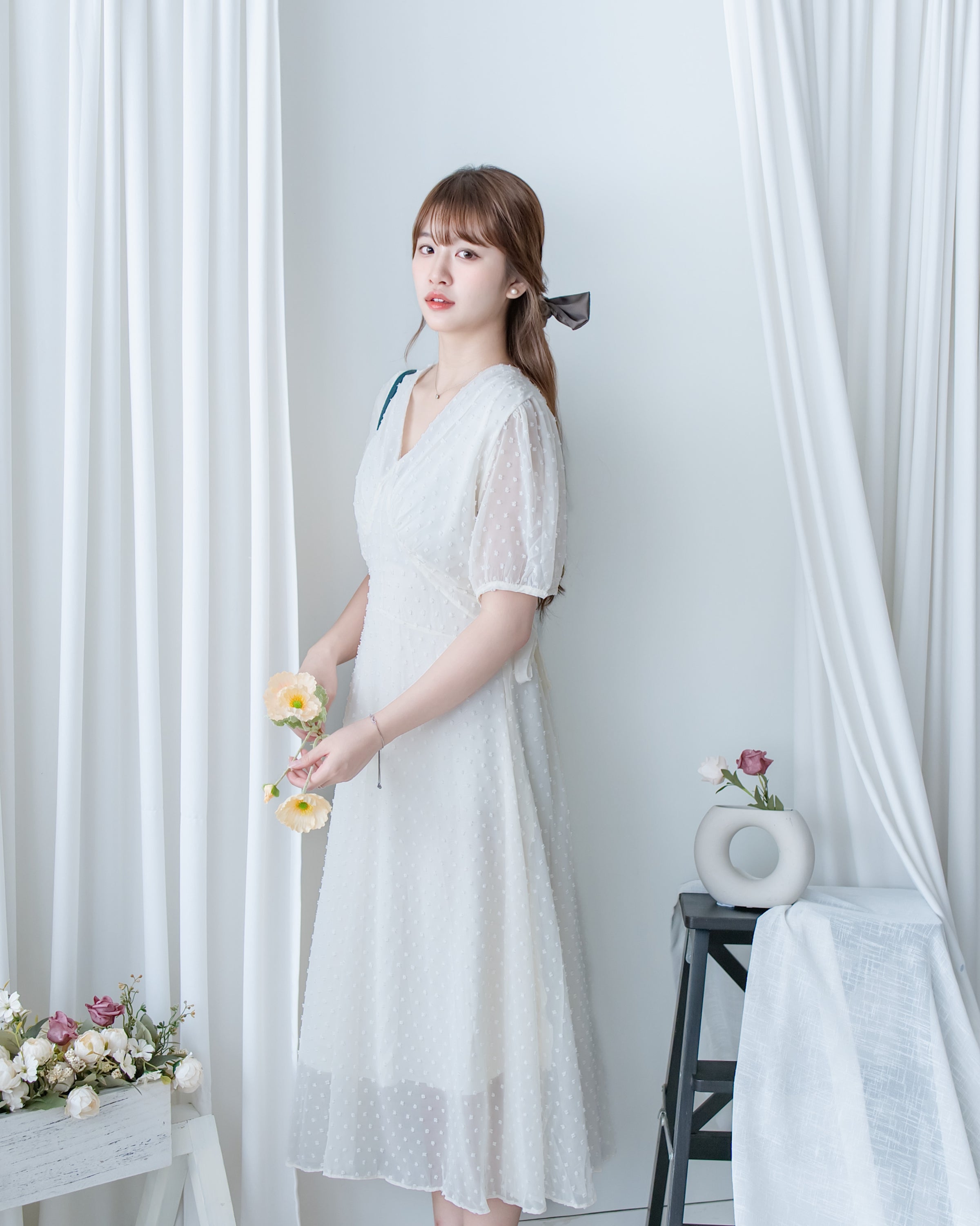 French Dot Wrap Dress 法式點點雪紡繫帶 V 領連身裙/DS1165