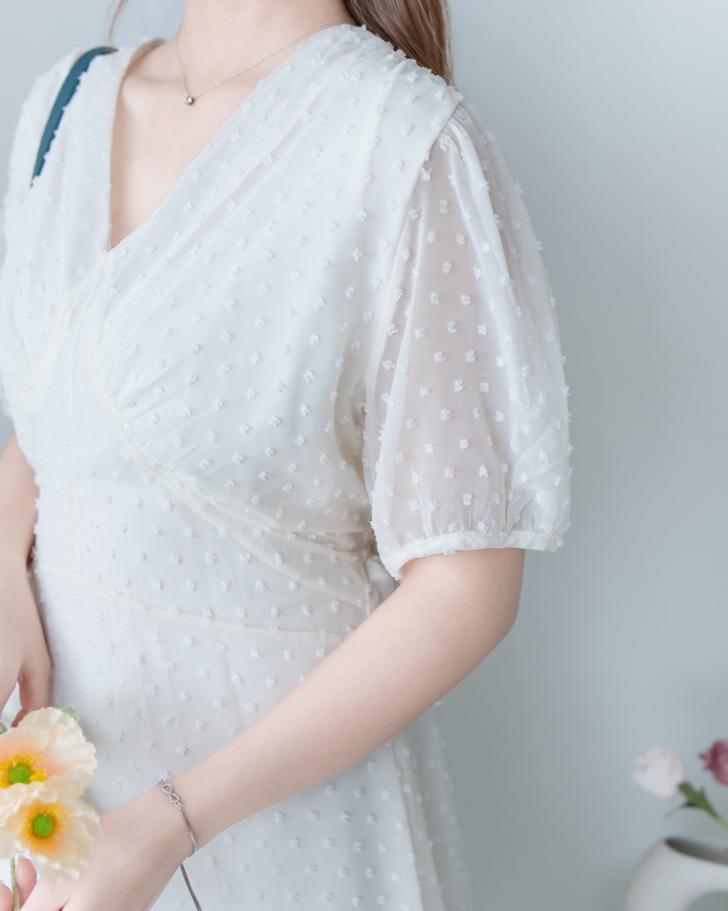 French Dot Wrap Dress 法式點點雪紡繫帶 V 領連身裙/DS1165