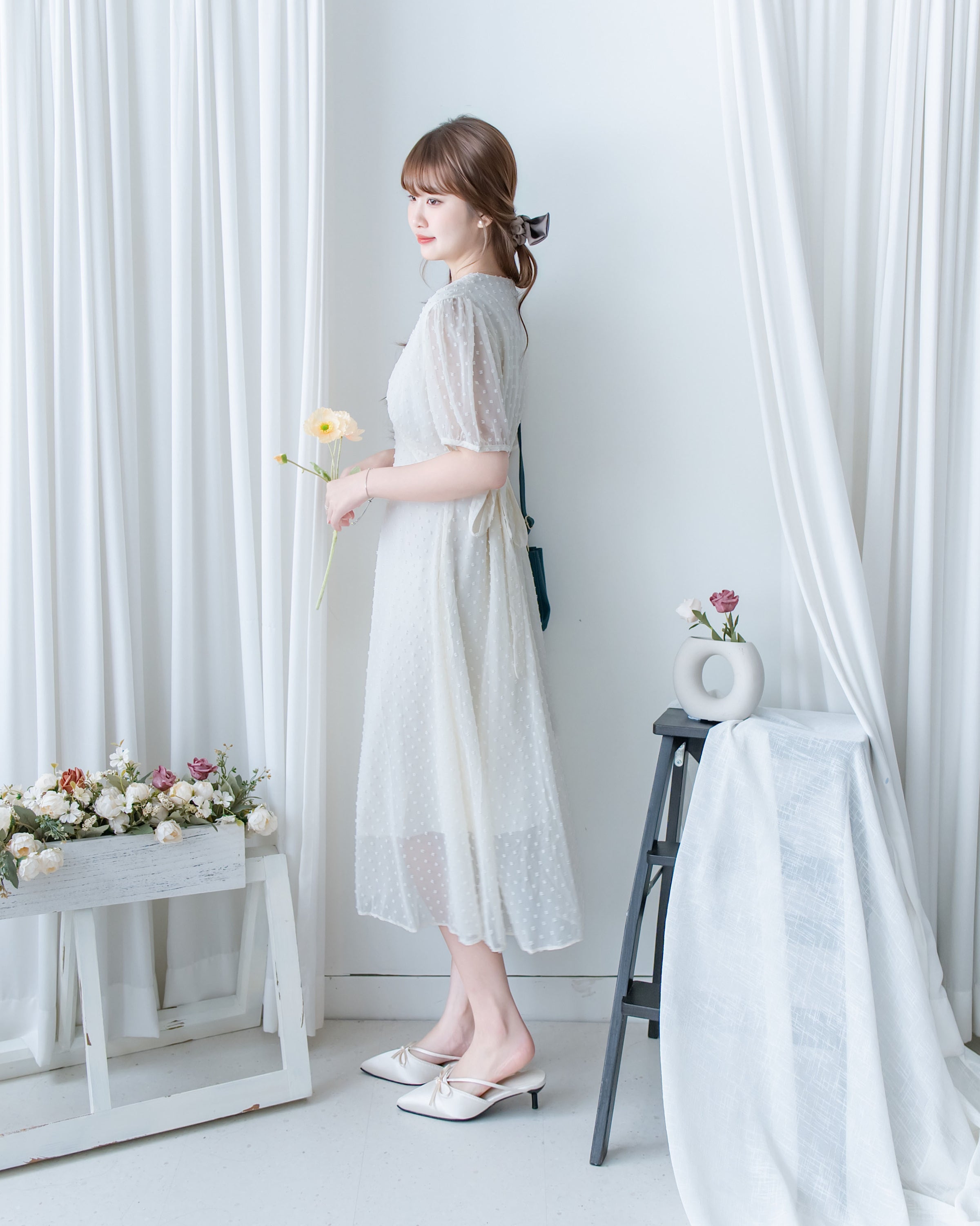 French Dot Wrap Dress 法式點點雪紡繫帶 V 領連身裙/DS1165