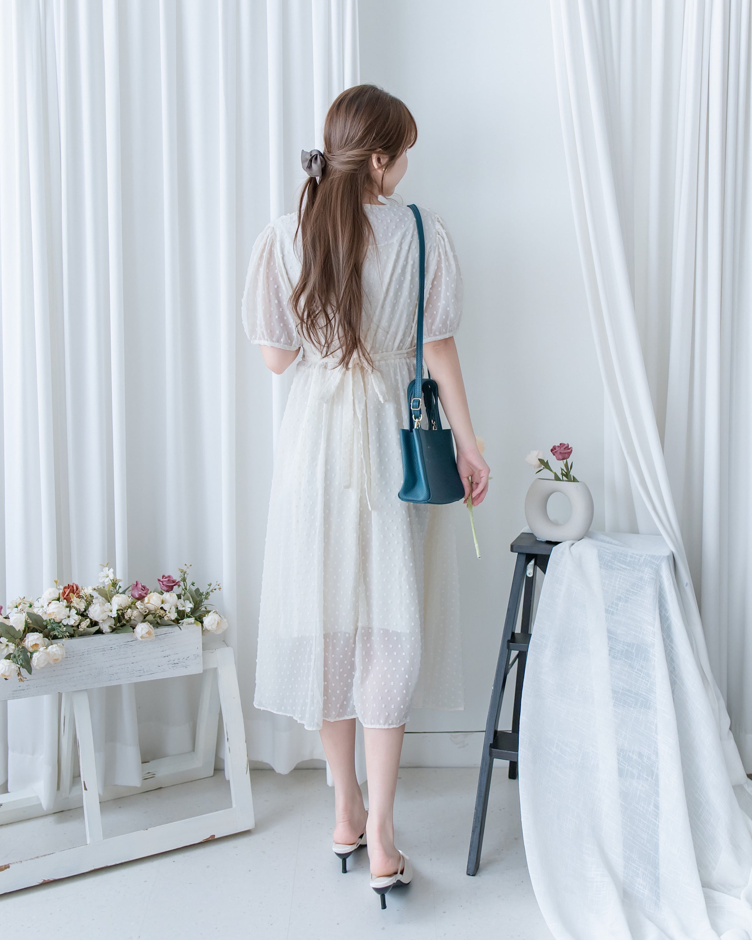 French Dot Wrap Dress 法式點點雪紡繫帶 V 領連身裙/DS1165