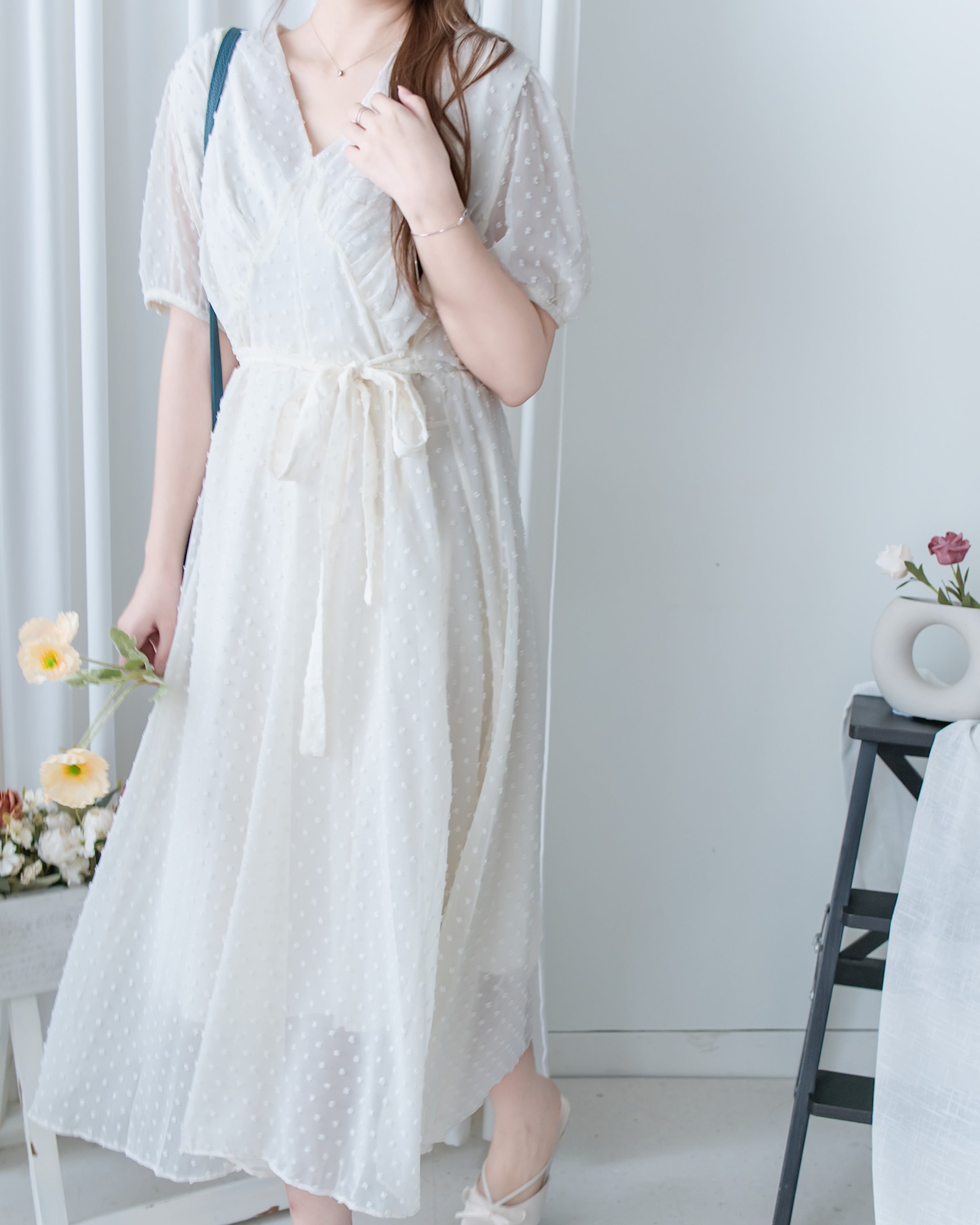 French Dot Wrap Dress 法式點點雪紡繫帶 V 領連身裙/DS1165
