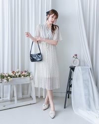 V Ruffle Dot Dress 木耳邊 V 領壓褶雪點雪紡連身裙/DS1162
