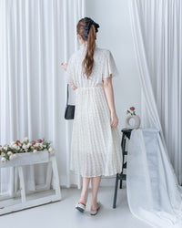 V Ruffle Dot Dress 木耳邊 V 領壓褶雪點雪紡連身裙/DS1162