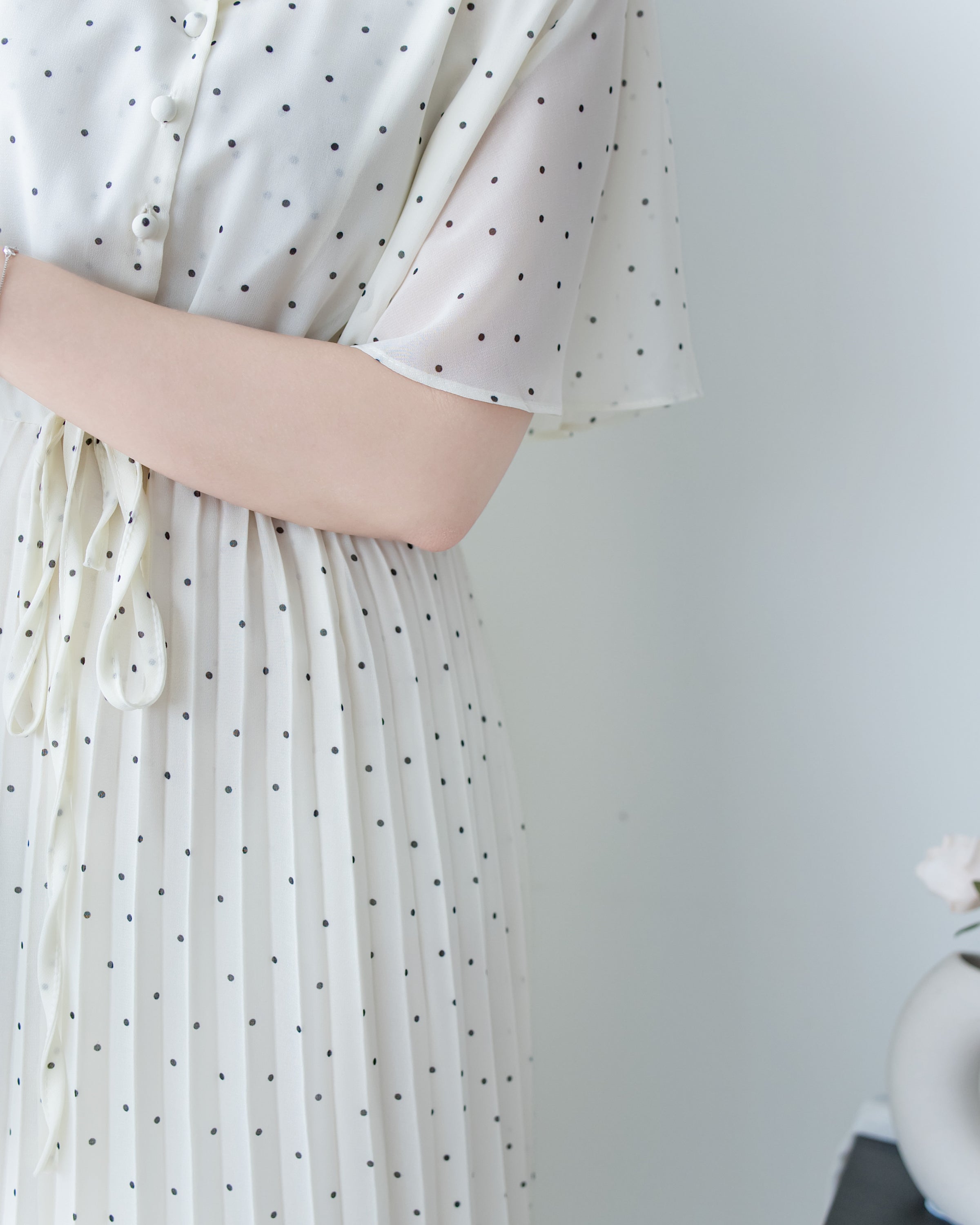 V Ruffle Dot Dress 木耳邊 V 領壓褶雪點雪紡連身裙/DS1162