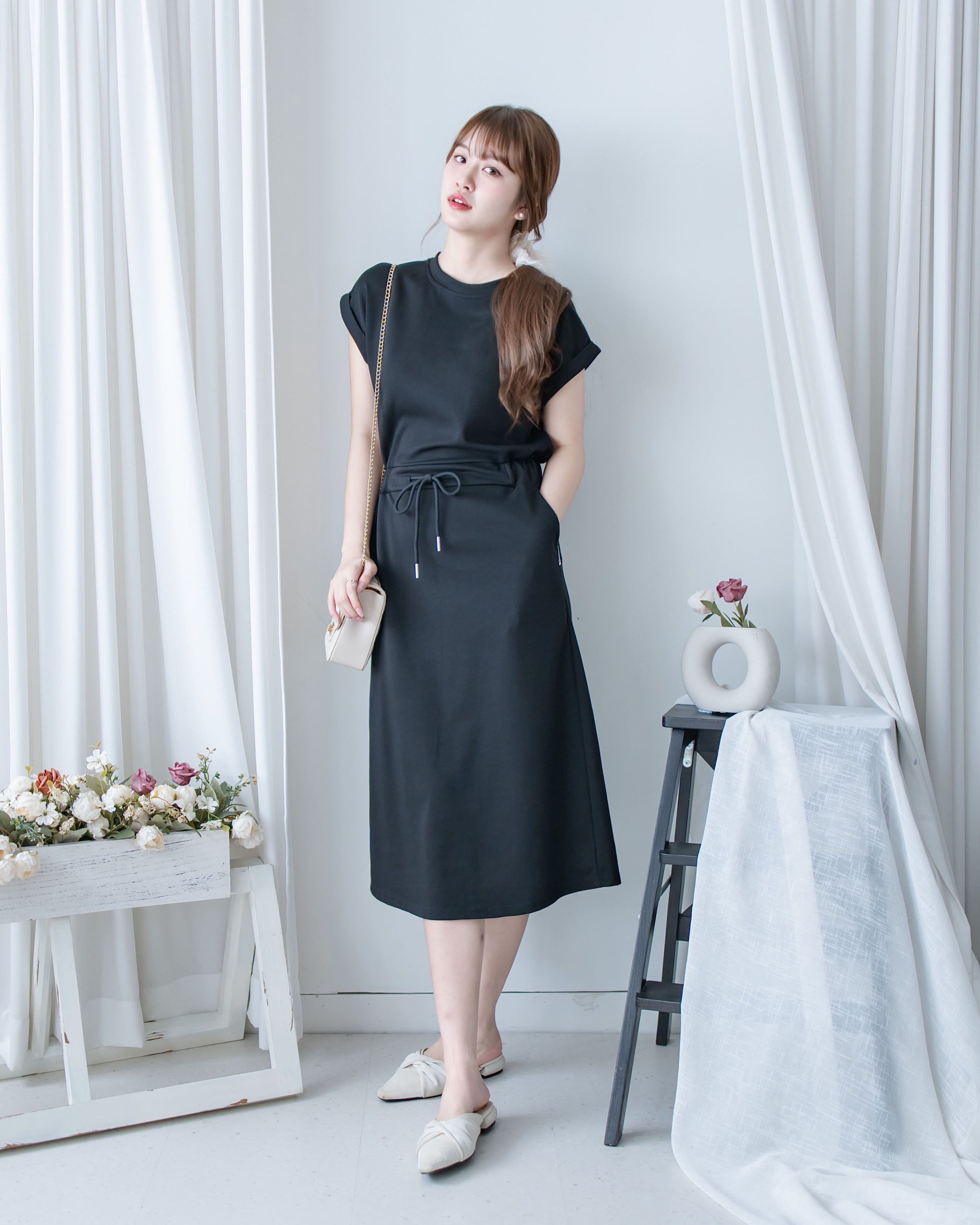 Sophie Dress 無肩線翻褶袖口彈性抽繩連身裙/DS1157