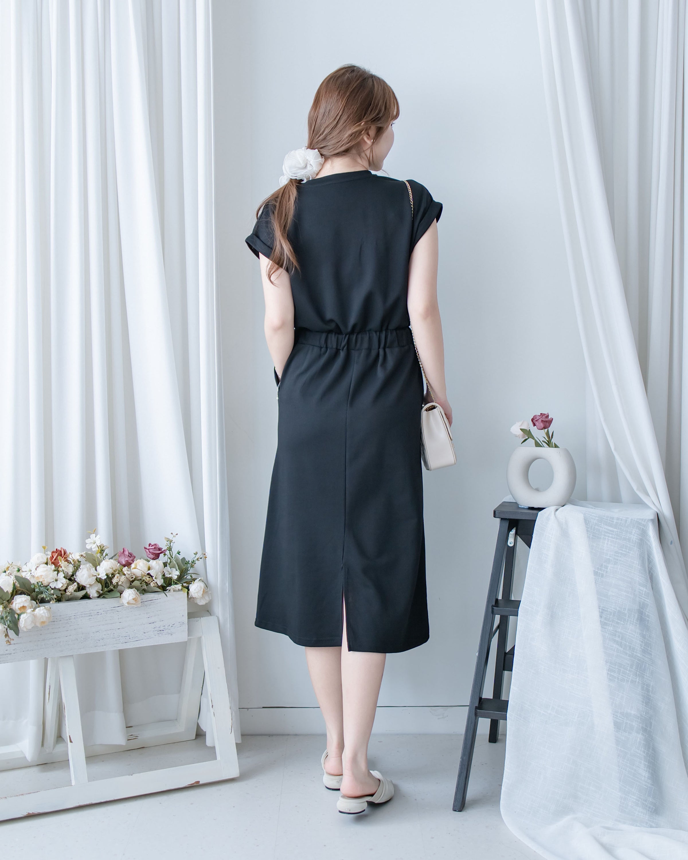 Sophie Dress 無肩線翻褶袖口彈性抽繩連身裙/DS1157