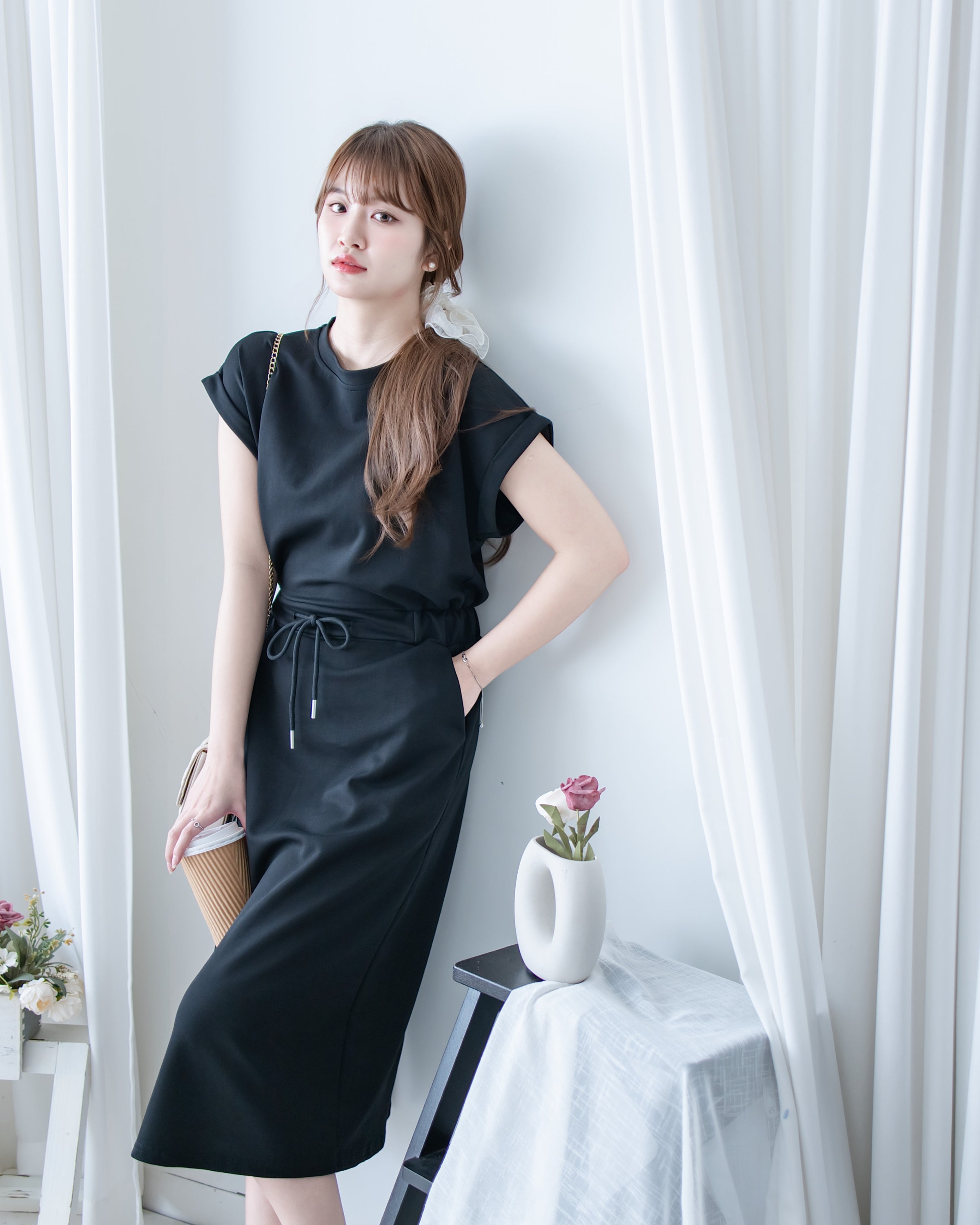 Sophie Dress 無肩線翻褶袖口彈性抽繩連身裙/DS1157