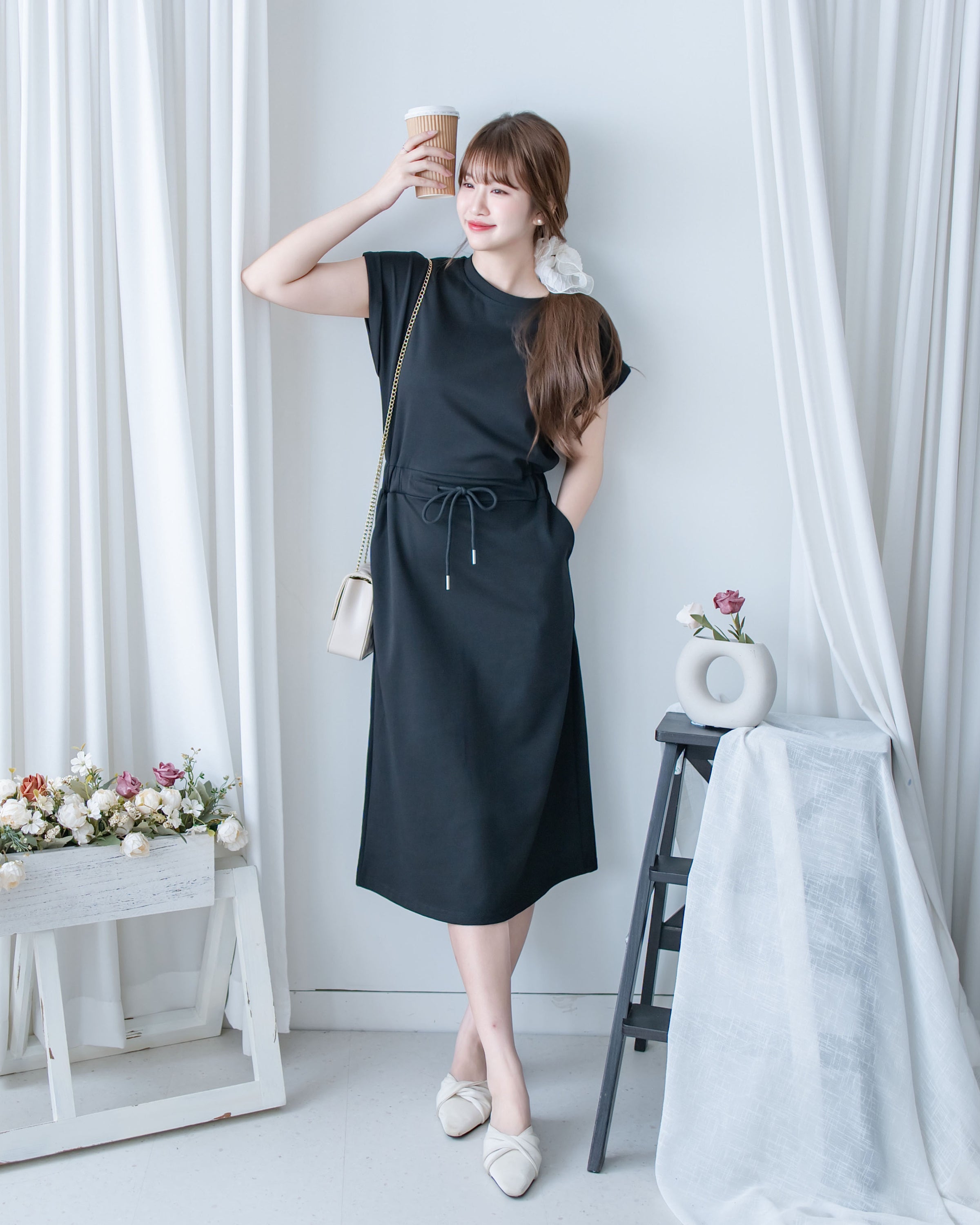 Sophie Dress 無肩線翻褶袖口彈性抽繩連身裙/DS1157