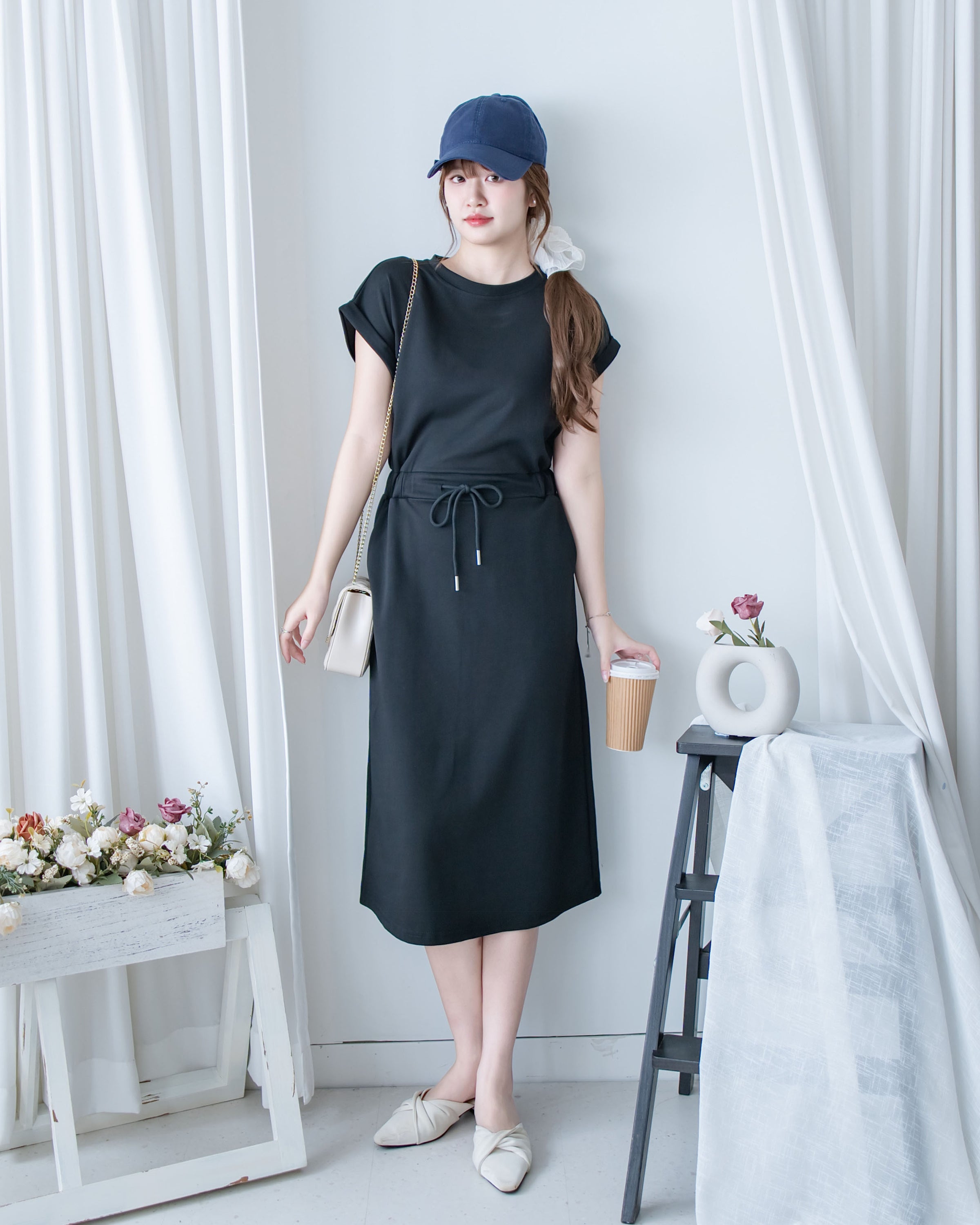 Sophie Dress 無肩線翻褶袖口彈性抽繩連身裙/DS1157
