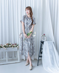 Porcelain Shirt Dress 無領陶瓷植物花印花恤衫連衣裙/DS1166 (Pre-order white)