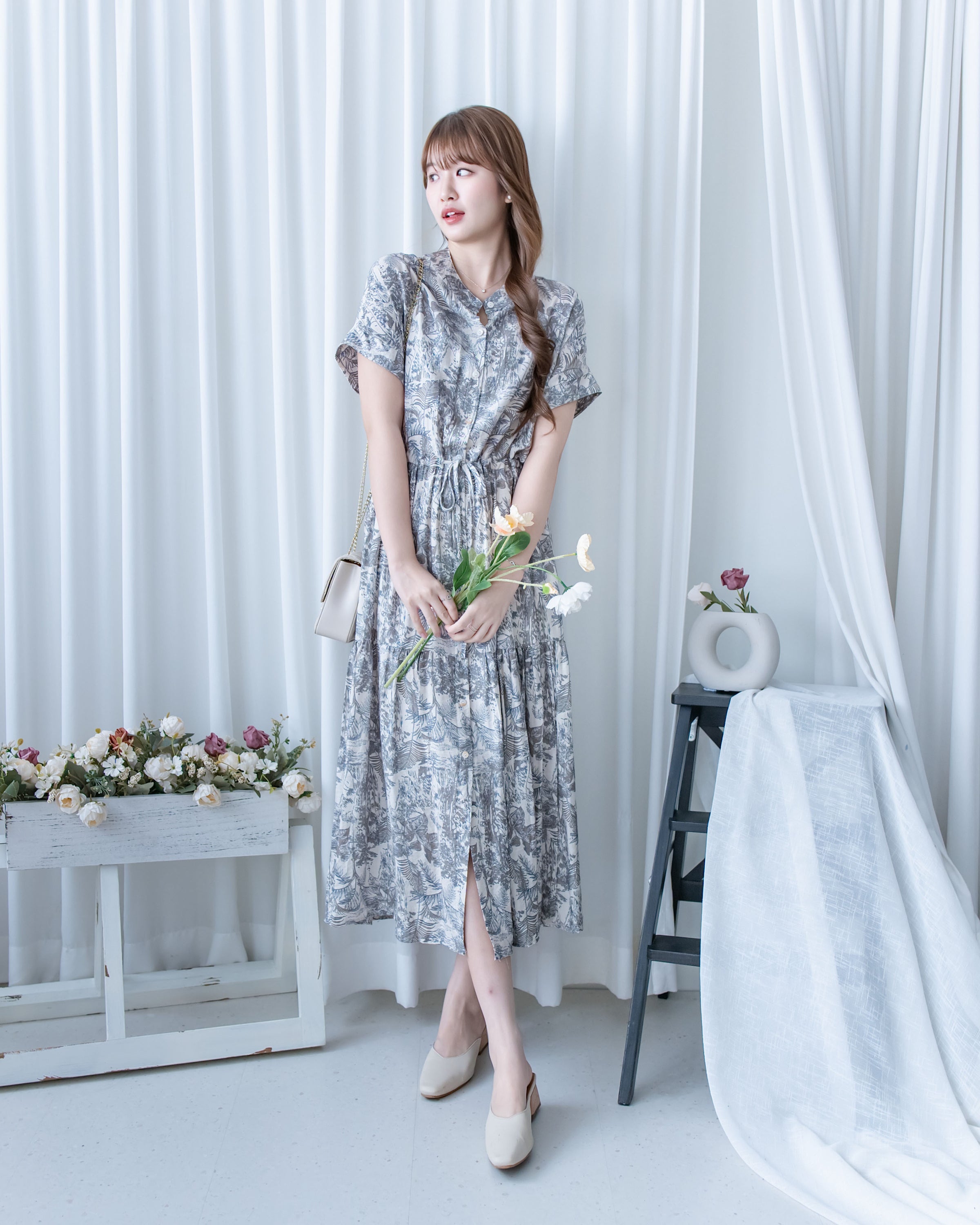 Porcelain Shirt Dress 無領陶瓷植物花印花恤衫連衣裙/DS1166 (Pre-order white)