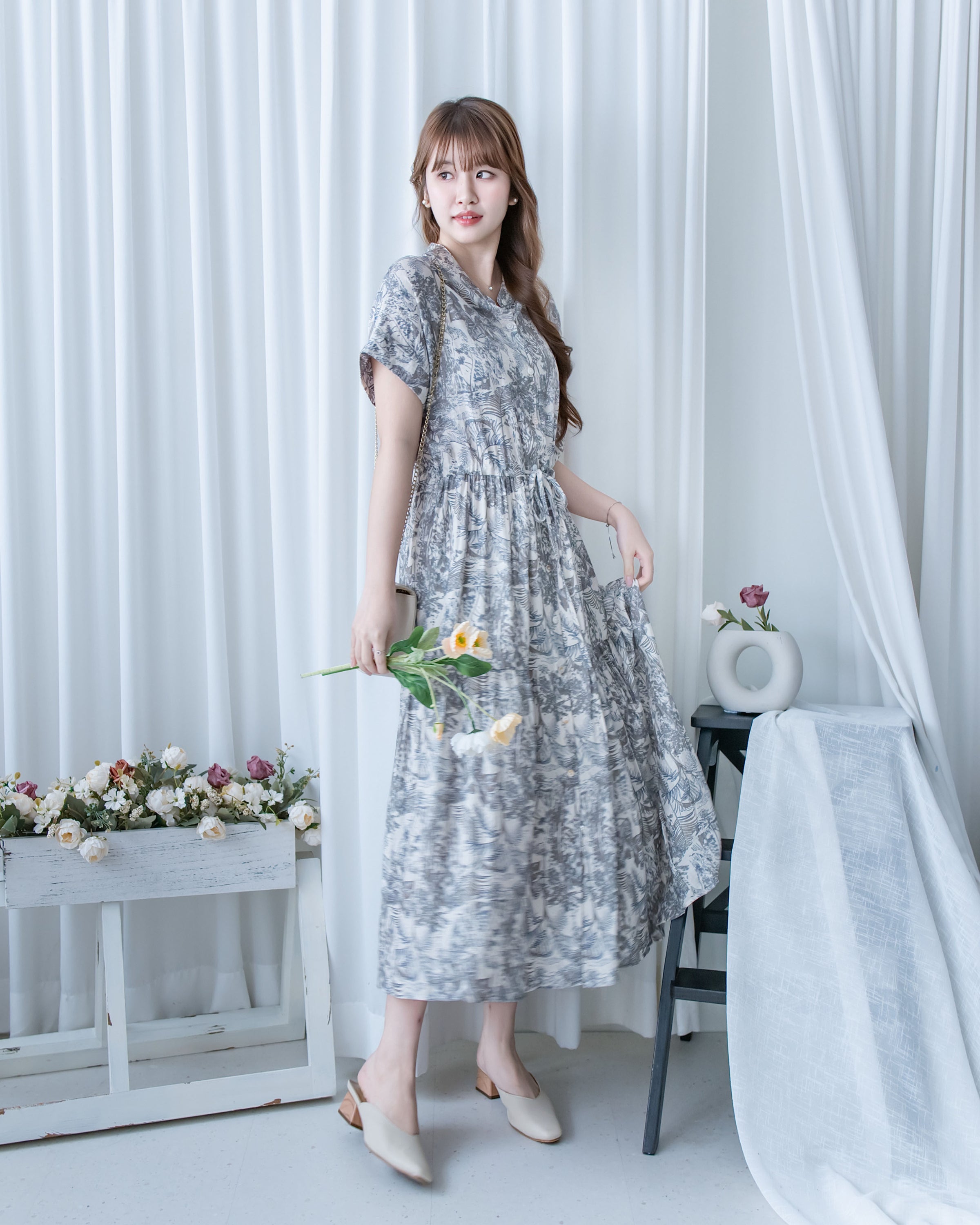 Porcelain Shirt Dress 無領陶瓷植物花印花恤衫連衣裙/DS1166 (Pre-order white)
