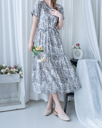 Porcelain Shirt Dress 無領陶瓷植物花印花恤衫連衣裙/DS1166 (Pre-order white)